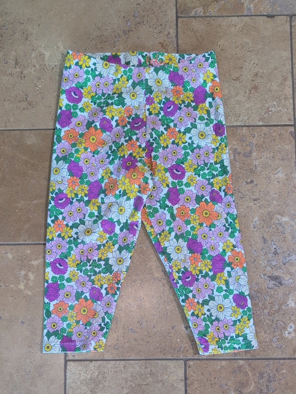 Mini Boden girl's floral crop leggings. Purple, green. Size 9-10Y.